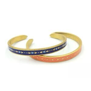 Stella & Dot Manchester Blue and Orange Enamel Gold Tone Cuff Bracelets